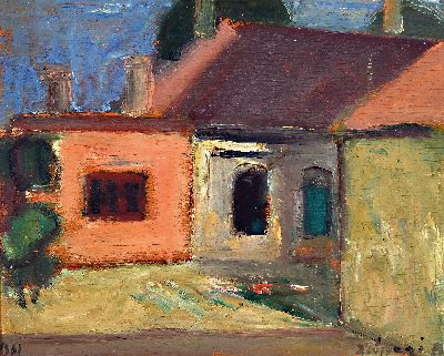 Ungedeuteter ungarischer Künstler des 20.Jh. , Dorflandschaft, 1961, rechts unten signiert, verso bez., Öl/Holz, 40x50 cm, Rahmen 52x62 cm