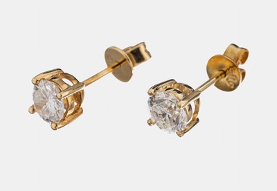 Paar 14 kt Gold Brillant-Ohrstecker, GG 585/000, 2 Brillanten zus. ca. 0.91 ct Weiß/vs-si