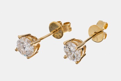 Paar 14 kt Gold Brillant-Ohrstecker, GG 585/000, 2 Brillanten zus. ca. 0.80 ct Weiß/vs-si