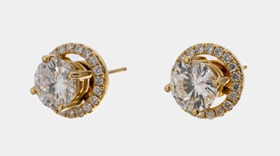 Paar 18 kt Gold Brillant-Ohrstecker, GG 750/000, 2 Brillanten zus. ca. 2.12 ct Weiß/vs-si, abnehmbare Kränze mit 40 Brillanten zus. ca. 0.32 ct ...