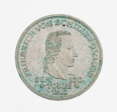Silbermünze, 5 Mark, Deutschland, 1955, 150. Todestag Friedrich Schiller, angelaufen