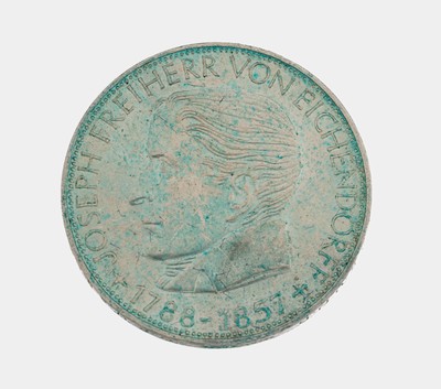 Silbermünze, 5 Mark, Deutschland, 1957, Joseph Freiherr von Eichendorff, angelaufen