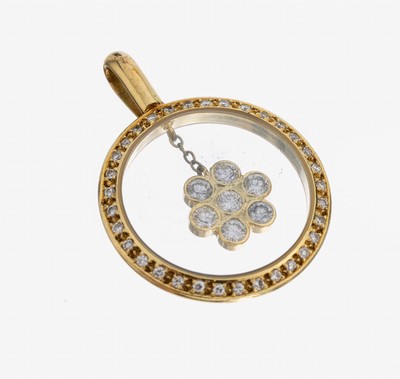 14 kt Gold Brillant-Anhänger, GG 585/000, rund, blütenf. Element bewegl. hinter Glas, 40Brillanten zus. ca. 0.90 ct Weiß/si-p, ca. 6.8 g