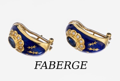 Paar 18 kt Gold FABERGE Saphir-Brillant -Ohrstecker, GG 750/000, limitierte Editionhier 22/300, royalblaues transluzides Email, 2ovalfacett. Saphire ...