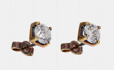 Paar 14 kt Gold Brillant-Ohrstecker, GG 585/000, 2 Brillanten zus. ca. 1.06 ct feines Weiß-Weiß/vs-si, ca. 1.4 g