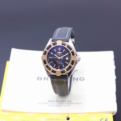 BREITLING Lady J Damenarmbanduhr Referenz D52065, quarz, verschr. Edelstahlgeh., eins. rast. drehb. Gold-Lünette, Lederband m. orig. Faltschl., ...