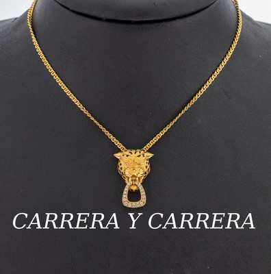 18 kt Gold CARRERA Y CARRERA Brillant-Collier, GG 750/000, Mittelteil in Form eines Kopfeseiner Raubkatze, part. sat., part. schwarz emailliert, 21 ...