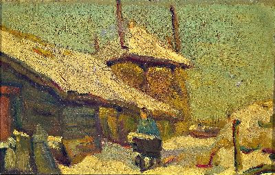 Carl Schmitz-Pleis, 1877-1943, winterliche Dorflandschaft, verso Nachlaßstempel, Öl/Holz,Reinigung empfohlen, Alterssp., Rahmen 18x26 cm