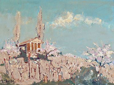 Hans Rolf Peter, 1926-2020 Neustadt an der Weinstr., "Mandelblüte in der Pfalz", Öl/Lwd, (Vigillienturm in Bad Dürkheim), links unten ...