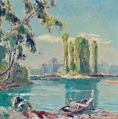 Karl Graf, 1902 Rothenburg-1986 Speyer, Am Altrhein, rückseitig so betitelt, Öl/ Hartfaser, rechts unten sign., ca. 70x70cm, R. ca. 82x82cm