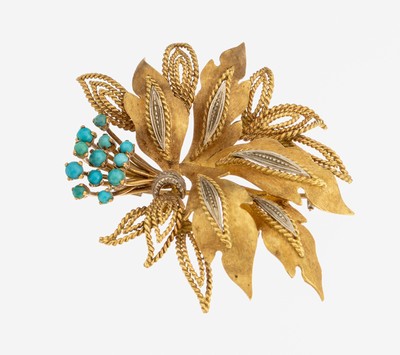 18 kt Gold Türkis-Brosche, 1960er Jahre, GG750/000, abstrakt floral, Blätter teilw. aus Kordeldraht, 12 kl. Türkis-Cabochons, ca. 5.4 x 6 cm, ca. ...
