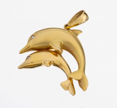14 kt Gold Anhänger, GG 585/000, part. sat., in Form zweier springenden Delfinen, Augen farblose Strasssteine, L. ca. 4.5 cm, ca. 16.7 g