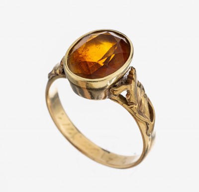 14 kt Gold Citrin-Ring, 1930er Jahre, GG 585/000, Ringschultern mit Akanthusblättern, ovalfacett. Citrin ca. 3.0 ct, RW 59, ca. 5.1 g