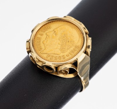 14 kt Gold Münz-Ring, GG 585/000, gefasste Goldmünze, 10 Pesos, RW 59, ca. 4.5 g, Ringschiene verbogen
