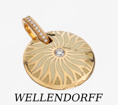 18 kt Gold WELLENDORFF Brillant-Email- Medaillonanhänger, GG 750/000, Modell "Bewahre mein Glück", abstrakte Blüte, vanillefarb. und ...