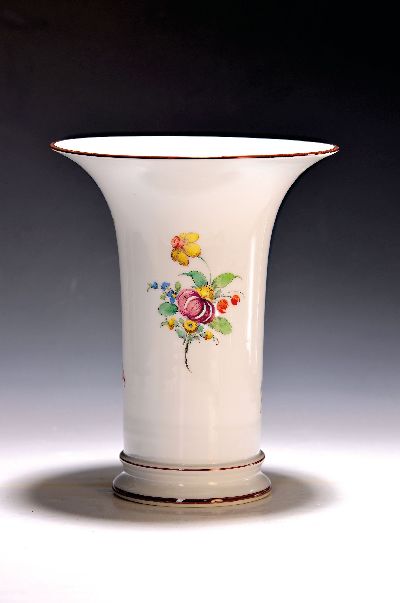 Große Vase, Nymphenburg, 1930er Jahre, Porzellan, bunte Blumenmalerei, braune Ränder, H. ca. 24cm