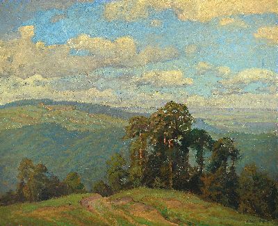 Walter Strich-Chapell, 1877 Stuttgart-1960, Weite hügelige Landschaft mit Baumgruppen, Öl/Lwd, rechts unten sign. und dat. 1915, mit kleineren ...