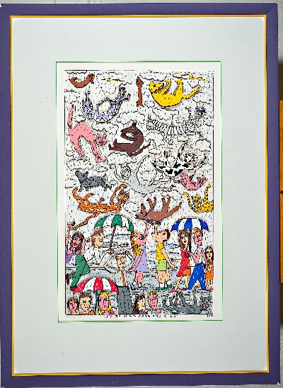 James Rizzi, 1950-2011 New York, Its raining cats and Dogs, dreidimensionale Farbserigraphie, handsigniert, num. 12/350, ca. 66x41xcm, PP, u.Gl., R. ...