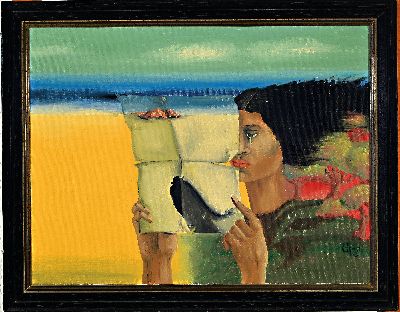 Doris Gaab-Vögeli, zeitgen. Künstlerin aus Neustadt an der Weinstraße, Ohne Titel, surrealistische Komposition, Öl/Lwd, rechts unten sign., ca. ...