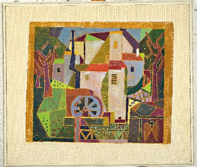 Rolf Müller-Landau, 1903-1956, Monotypie aufBütten, "Lothringer Mühle", signiert und betitelt, Blatt 47x54 cm, unter Glas gerahmt 60x70 ...