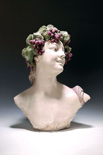 Große Büste des Bacchus, Frankreich, um 1900, Gipsguss bunt gefaßt, monogrammiert A.de B., H. ca. 54cm