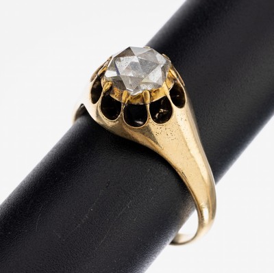 14 kt Gold Diamant-Ring, um 1890-1900, GG 585/000 gepr., Diamantrose ca. 1.40 ct Weiß/si, Fassung verbödet, RW 70, ca. 9.0 g