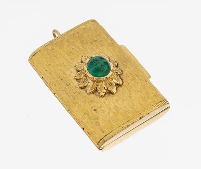 18 kt Gold Smaragd-Pillendose, 1960er Jahre, GG 750/000, qualitätvolle Verarbeitung, Oberfl. strukt., Deckel mit floralem Element, ovaler ...