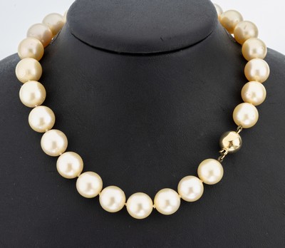 Perl-Collier mit 14 kt Gold Schließe, GG 585/000, Südseezuchtperlen, cremefarb., D. ca.12-14.8 mm, nat. Merkmale, L. ca. 48 cm, Kugelschließe