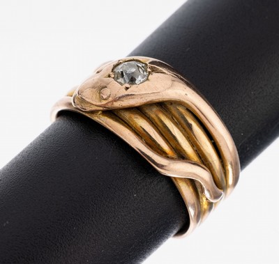 9 kt Gold Diamant-Ring, England, Birmingham wohl um 1900, RG 375/000, stil. Schlange, Kopf mit Altschliffdiamant ca. 0.20 ct Weiß/p, RW 57, ca. 5.3 ...