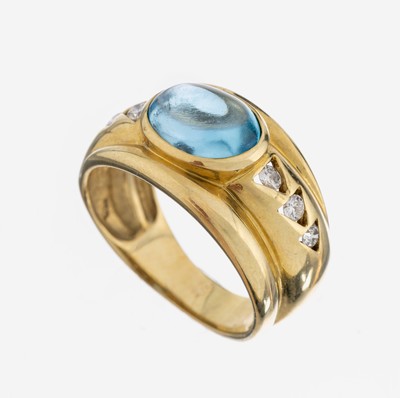 14 kt Gold Topas-Brillant-Ring, GG 585/000,ovaler Blautopas (beh.) ca. 3.0 ct, 6 Brillanten zus. ca. 0.16 ct Weiß/si, RW 53, ca. 5.9 g