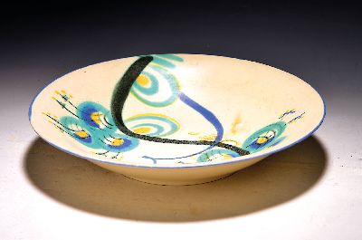 Art-Deco-Schale, Hael Werkstätten, Margarete Heymann, 1940, Steingut, abstr. floral bemalt, blauer Rand, mit mehreren l. Bestoßungen an der ...