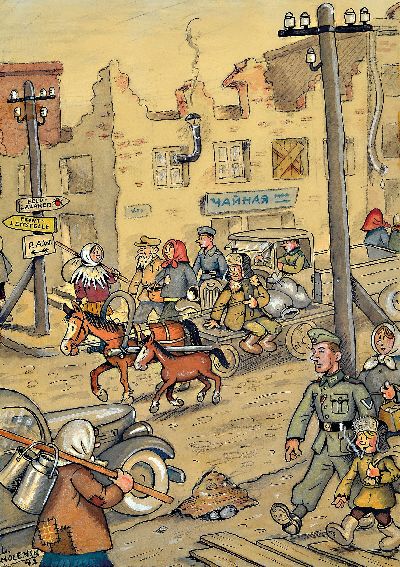 Peter Landhoff, Smolensk 1942,, Soldatenleben mit einheimischer Bevölkerung 1942 in Smolensk in der Nähe der Front, comichafte Schilderung, ...