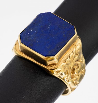 Lapislazuli-Siegelring, Silber verg., freieGravurplatte, Ringschultern mit Rocaillen, RW 65