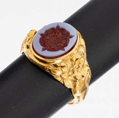 Lagenachat-Siegelring, Silber verg., ovale Lagenachat, Intaglio Darstellung einer heraldischen Rose, RW 66, Siegelabdruck anbei