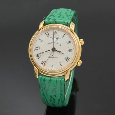 MAURICE LACROIX Herrenarmbanduhr mit Wecker, Schweiz um 1995, Automatik, verg. Geh. beids. vergl., neutr. Lederband m. orig. verg. Dornschl., silb. ...