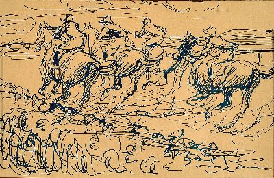 Otto Dill, 1884 Neustadt/Wstr. - 1957 Bad Dürkheim, Tuschezeichnung, Pferderennen, re. u. signiert, getöntes Papier, Ausschnitt ca. 12 x 18.5 cm, ...