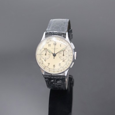 JUNGHANS Schaltradchronograph mit Kaliber 88, Deutschland um 1950, Handaufzug, verchr. Geh., Stahlboden aufgedr., silb. Zifferbl. pat., arab. ...