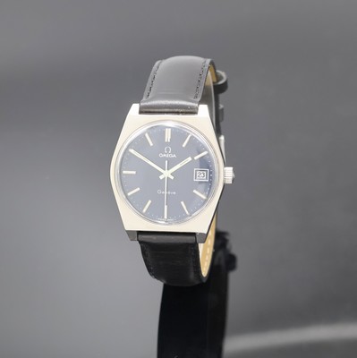 OMEGA Geneve Armbanduhr Referenz 1360049, Schweiz um 1972, Handaufzug, Edelstahlgeh., Boden verschr., blaues Zifferbl. m. aufges. silb. Leuchtind., ...