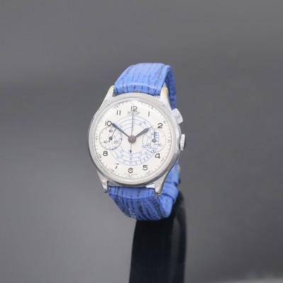 TISSOT verchromter Armbandchronograph, Schweiz um 1940, Handaufzug, Stahlboden aufgedr., silb. Zifferbl. rest., orig. gebl. Zeiger, arab. Zahlen, 30 ...