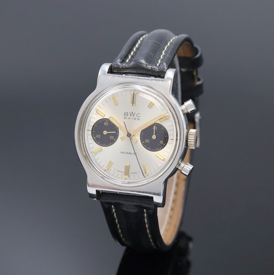 BWC Armbandchronograph mit Kaliber Landeron 248, Schweiz um 1965, Handaufzug, Edelstahlgeh., Boden verschr., silb. Zifferbl. m. aufges. gold. ...