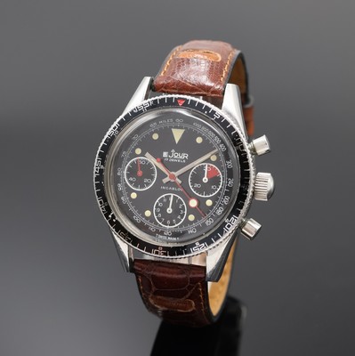 LE JOUR Armbandchronograph in Stahl, Schweiz um 1970, Handaufzug, Boden verschr., Lünette m. 60er Teilung beids. drehb., schwarzes Zifferbl. m. ...