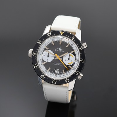 DUGENA Armbandchronograph Referenz 524150, Schweiz um 1970, Automatik, Edelstahlgeh., Boden verschr., Lünette m. 60er teil. beids. drehb., schwarzes ...