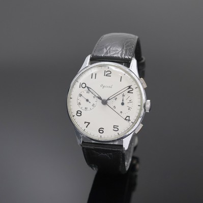 Schaltradchronograph bezeichnet Ogival Kaliber Valjoux 22, Schweiz um 1940, Handaufzug, verchr. Geh., Boden gedr., silb. Zifferbl. rest., arab. ...