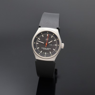 PORSCHE DESIGN Damenarmbanduhr Referenz 7050S, Schweiz um 1990, Automatik, matt. Geh., Boden u. Krone verschr., schwarzes Zifferbl., Leuchtzeiger, ...