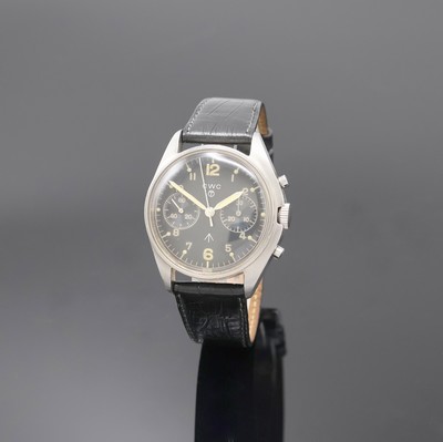 CWC Militärischer Armbandchronograph für die Britische Royal Navy, Schweiz um 1980, Handaufzug, Edelstahlgeh., Boden m. Versorgungsnummer u. Broad ...