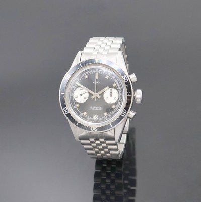 YEMA Armbandchronograph in Stahl, Schweiz um 1970, Handaufzug, Boden verschr., neutr. Gliederband m. Faltschl., Lünette m. 60er Teil. beids. drehb., ...