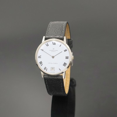 HAMILTON Intra-Matic Armbanduhr Referenz 92006, Schweiz um 1965, Automatik, Edelstahlgeh., Boden aufgedr., weißes Zifferbl., röm. Zahlen, Datum b. ...