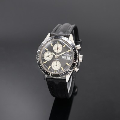 SABINA Armbandchronograph in Stahl, Schweiz um 1970, Automatik, Boden verschr., Lünette m. 60er Teil. beids. drehb., schwarzes Zifferbl. m. ...