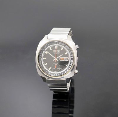 SEIKO Armbandchronograph Referenz 6139-6020,Japan 1970er Jahre, Automatik, Edelstahlgeh. inkl. Gliederband m. Faltschl., Boden verschr., schwarzes ...