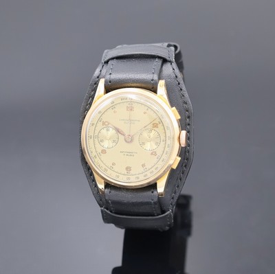 CHRONOGRAPHE SUISSE Armbandchronograph in RoseG 750/000, Schweiz um 1950, Handaufzug, Boden aufgedr., Metallcuvette, champagnerfarb. Zifferbl. m. ...